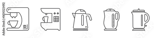Kitchen appliances line icons set with 2 variants of coffee machine and 3 variants of electric kettle. Thin minimal outline style, editable stroke, perfect for cooking, café, and home kitchen themes