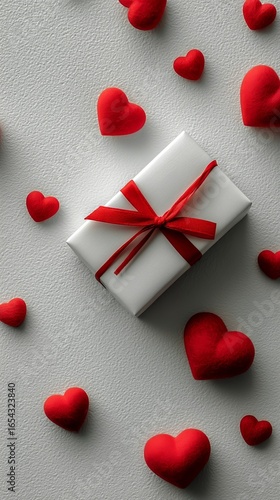 Gift Wrapped in White With Red Hearts Scattered on a Light Surface for a Spec...