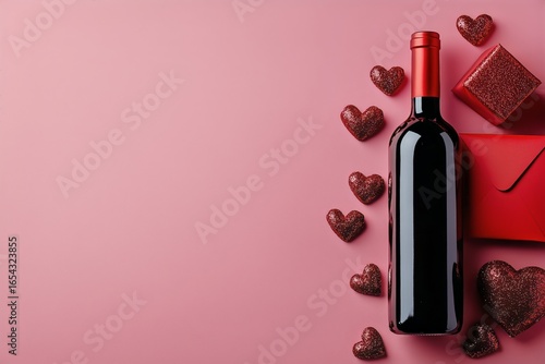 Romantic Table Setting With Wine, Gift, and Heart Decorations for a Special O...