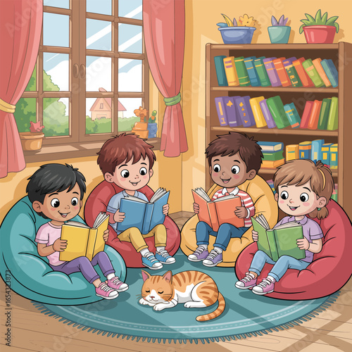 Four diverse children and a cat reading books comfortably in a cozy room with bookshelves