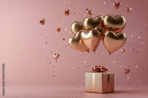 Celebrating Love With Heart-Shaped Balloons and a Gift Box on a Pink Background