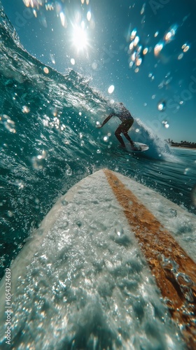 Surfer Riding a Wave in Clear Ocean Water on a Sunny Day Near the Shore.