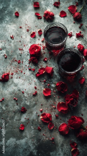 Elegant Rose Petals Surround Glasses of Dark Liquid on Textured Surface for R...