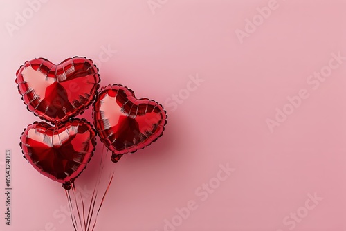 Heart-shaped Balloons in Vibrant Red Against a Soft Pink Background for Celeb...