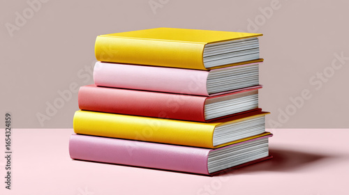 Wallpaper Mural Colorful stack of five hardcover books with yellow, pink, and red covers on pink surface, creating neat and organized look Torontodigital.ca