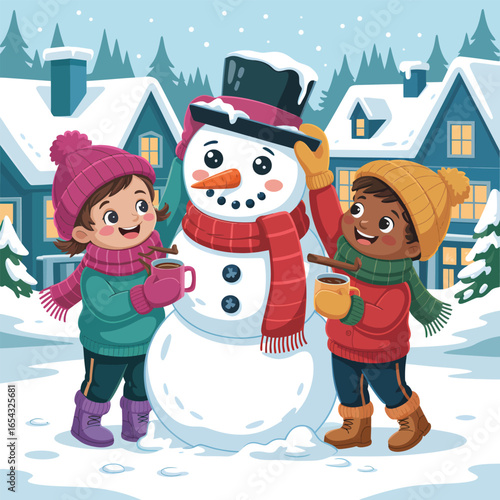 Two happy children building a snowman in a snowy village winter