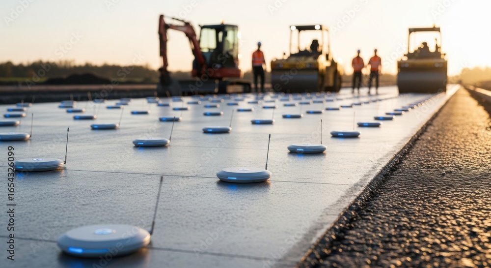 Obraz premium Wide shot of multiple Internetconnected concretecuring sensors arranged evenly on a roadwork project to ensure uniform hardening.