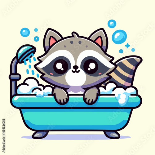 cartoon vector illustration of a raccoon taking a bath in a bathtub