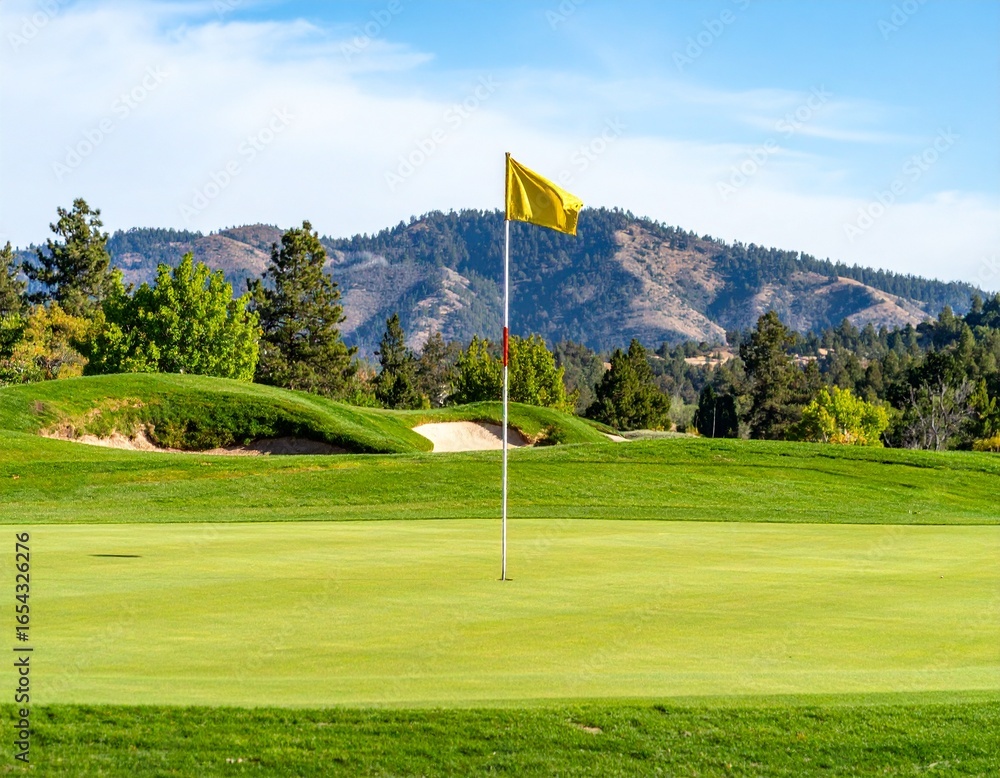 Obraz premium Beautiful Green Golf Course with a Flag on the Hole and a Mountain Backdrop