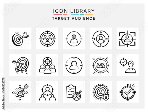 Audience targeting icon set showing customer insight, market segmentation, advertising planning, buyer persona, and strategic marketing visuals