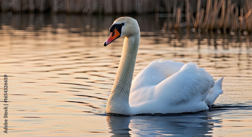 Fototapeta premium Graceful Mute Swan Low-Angle Portrait in Tranquil Evening Light