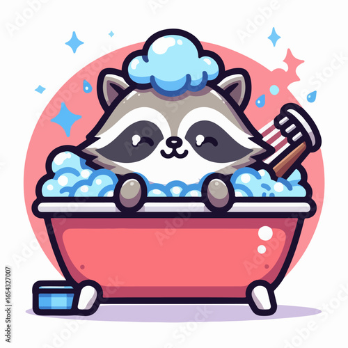 cartoon vector illustration of a raccoon taking a bath in a bathtub