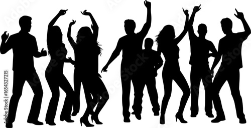 a group of people dancing, silhouetted against a white background, enjoying nightlife, full body shot, dynamic pose