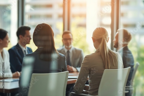 Confident professionals collaborating in a sunlit modern boardroom discussing strategy for success
