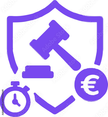 Purple flat icon with auction hammer, euro sign, stopwatch, and shield. Perfect for online auction platforms, bidding apps, legal services, and financial marketplaces.