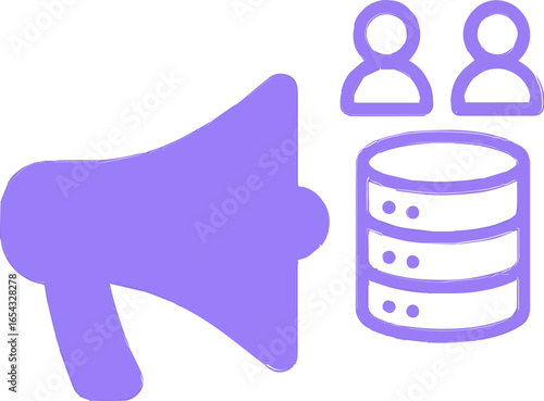 Purple flat icon with megaphone, user figures, and database. Perfect for online auction platforms, client acquisition services, sales promotion, and digital marketing tools.