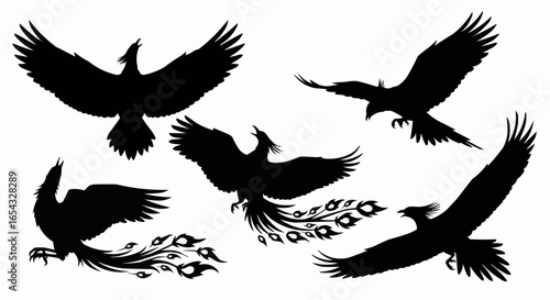 Phoenix Silhouette Vector Set on White Background – Mythical Bird, Firebird, Rising Phoenix, Fantasy Winged Creature Black Solid Shapes for Design and Decoration