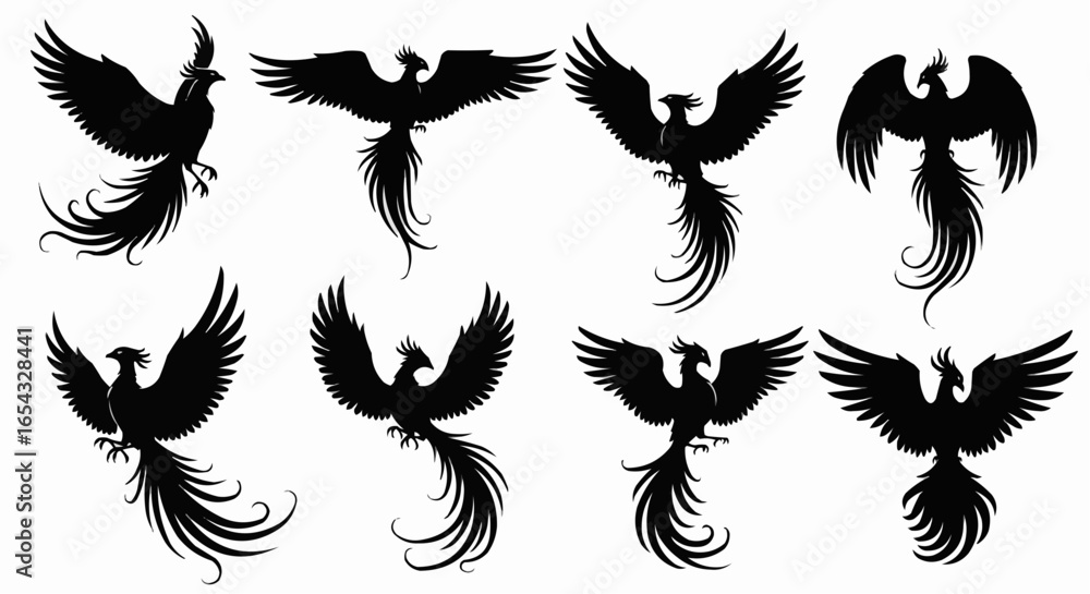 Obraz premium Phoenix Silhouette Vector Set on White Background – Mythical Bird, Firebird, Rising Phoenix, Fantasy Winged Creature Black Solid Shapes for Design and Decoration