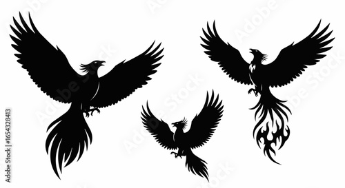 Phoenix Silhouette Vector Set on White Background – Mythical Bird, Firebird, Rising Phoenix, Fantasy Winged Creature Black Solid Shapes for Design and Decoration