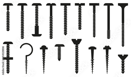 Screw and bolt silhouettes in black with different heads and lengths including flat, round, cross, slot, and hook types