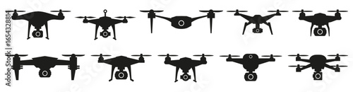 Drone icon collection. Black silhouettes of drones with cameras in different forms and models for technical design