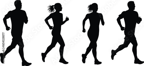 Jogging silhouettes, man woman running, fitness workout, sport training, healthy exercise, outdoor jogging, marathon athlete, running people, vector illustration, lifestyle design