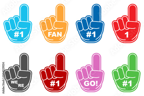 Foam finger icons in bright colors with slogans like
