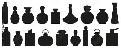 Perfume bottle silhouettes set in elegant decorative shapes, cosmetic fragrance containers with caps, classic and modern design