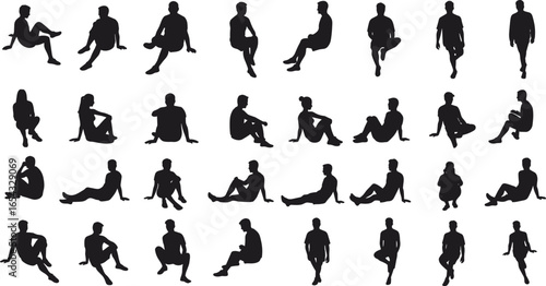 People silhouettes sitting, human figures illustration, casual poses collection, men and women, lifestyle vector artwork, black outline design, crowd sitting positions