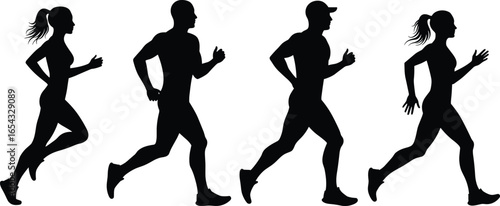 Running people silhouettes, jogging men and women, fitness exercise vector, sport training illustration, healthy lifestyle, workout design, marathon runners artwork
