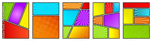Comic book page templates with bright halftone backgrounds in red, blue, yellow, green, and purple cartoon layouts