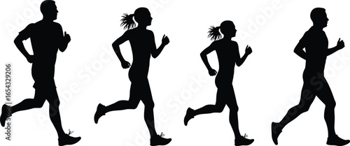 Running silhouettes, jogging people, fitness training, man woman jogging, sport exercise, marathon runners, outdoor workout, healthy lifestyle, athlete silhouette, black vector illustration