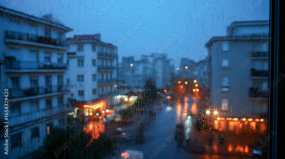 Obraz premium Cozy rainy view from a window in the city