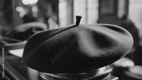 A black and white photo of a wool beret on top of a stack of metal tins