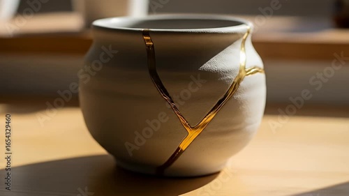 Beige vase featuring golden cracks repairs atop a wooden surface with bright natural light