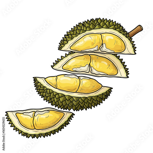 Four sections of a durian fruit, showing its yellow pulp and spiky green skin.