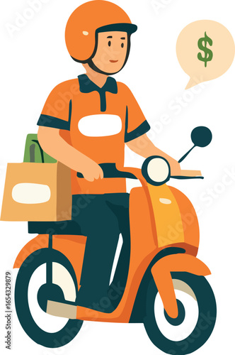 An illustration of a food delivery rider wearing an orange helmet and shirt, riding a scooter with a grocery bag on the back, accompanied by a speech bubble showing a dollar sign.