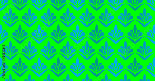 Bright green seamless pattern with repeating stylized floral leaf shapes.