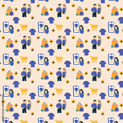 This seamless pattern illustration shows various shopping and fashion-related icons, including people trying on clothes, shirts, shopping carts, bags, mirrors, and mobile phones, symbolizing online an