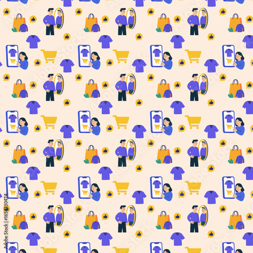 This seamless pattern illustration shows various shopping and fashion-related icons, including people trying on clothes, shirts, shopping carts, bags, mirrors, and mobile phones, symbolizing online an