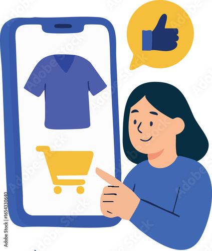 The illustration shows a woman happily pointing at a smartphone screen displaying an online shopping interface with a shirt and a shopping cart, while a thumbs-up icon appears above her.