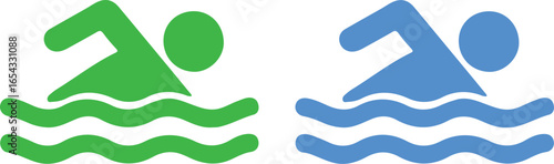 Vibrant swimmer icon in green and blue, symbolizing active lifestyle and water sports