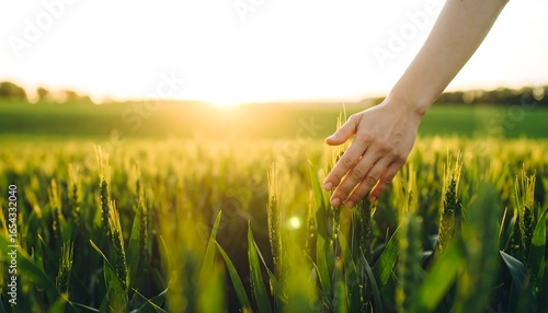 Hand touching wheat field at sunset