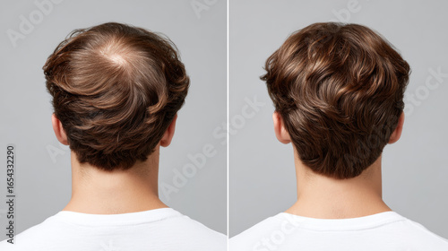 Before and after hair restoration showing improved hair density on back of head, healthy brown hair with natural waves, male wearing white shirt
