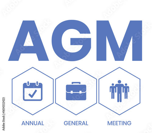AGM - Annual General Meeting acronym, business concept. word lettering typography design illustration with line icons and ornaments. Internet web site promotion concept vector layout.
