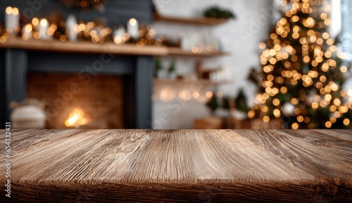 A rustic wooden table top sits in front of a blurred Christmas scene.  Warm fireplace, lit candles, and a decorated Christmas tree are out of focus in the background