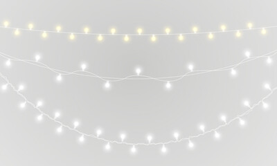 PNG gold garland and shiny string lights on transparent background for winter holiday banner with festive ribbon decoration and abstract illustration in green blue and bright colours