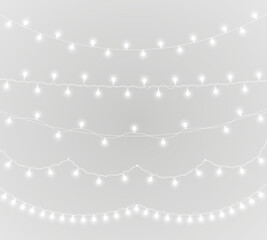 PNG gold garland and shiny string lights on transparent background for winter holiday banner with festive ribbon decoration and abstract illustration in green blue and bright colours