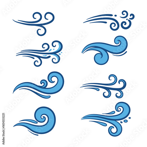 Collection of blue swirling wind and wave design elements on white background