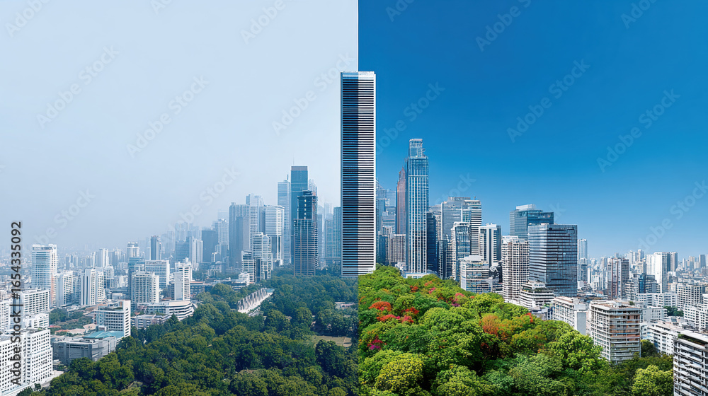 Fototapeta premium Urban skyline split view showing hazy pollution on one side and clear blue sky on other with green trees in foreground